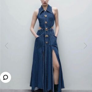 Denim Maxi Dress with Cutouts and Front Slit - Blue